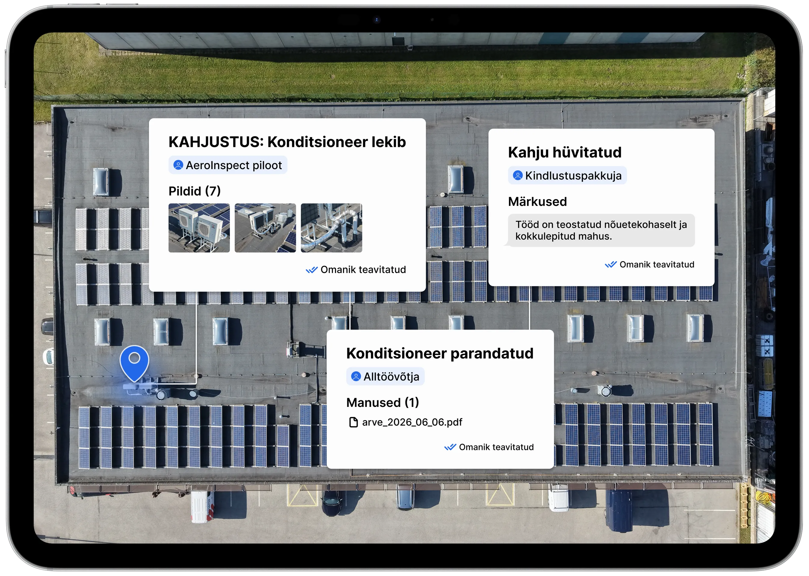 Skyview raport iPadis: katuse õhufoto koos kahjustuste märkmetega